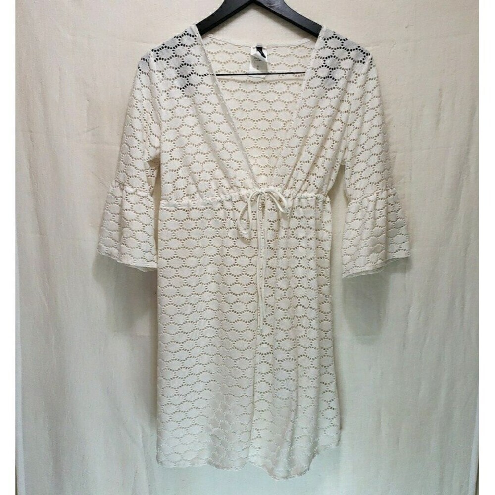 Jantzen Women's Large White Crochet Knit Swimsuit Cover Up Bell Sleeve Beach